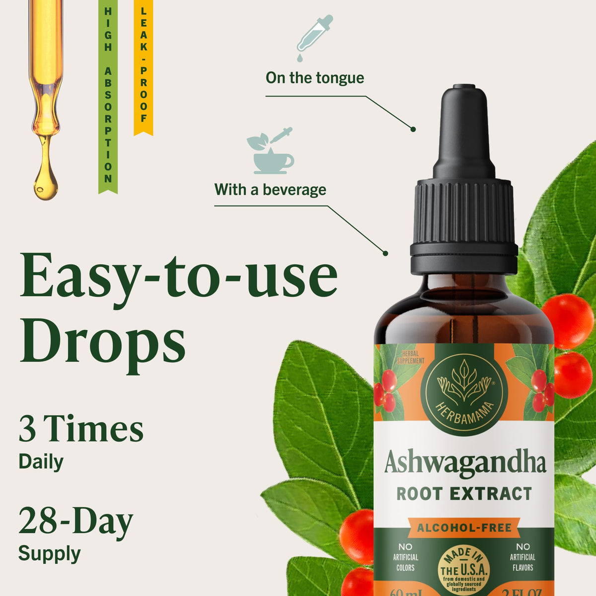 Gouttes d'Ashwagandha HERBAMAMA sur une cuillère