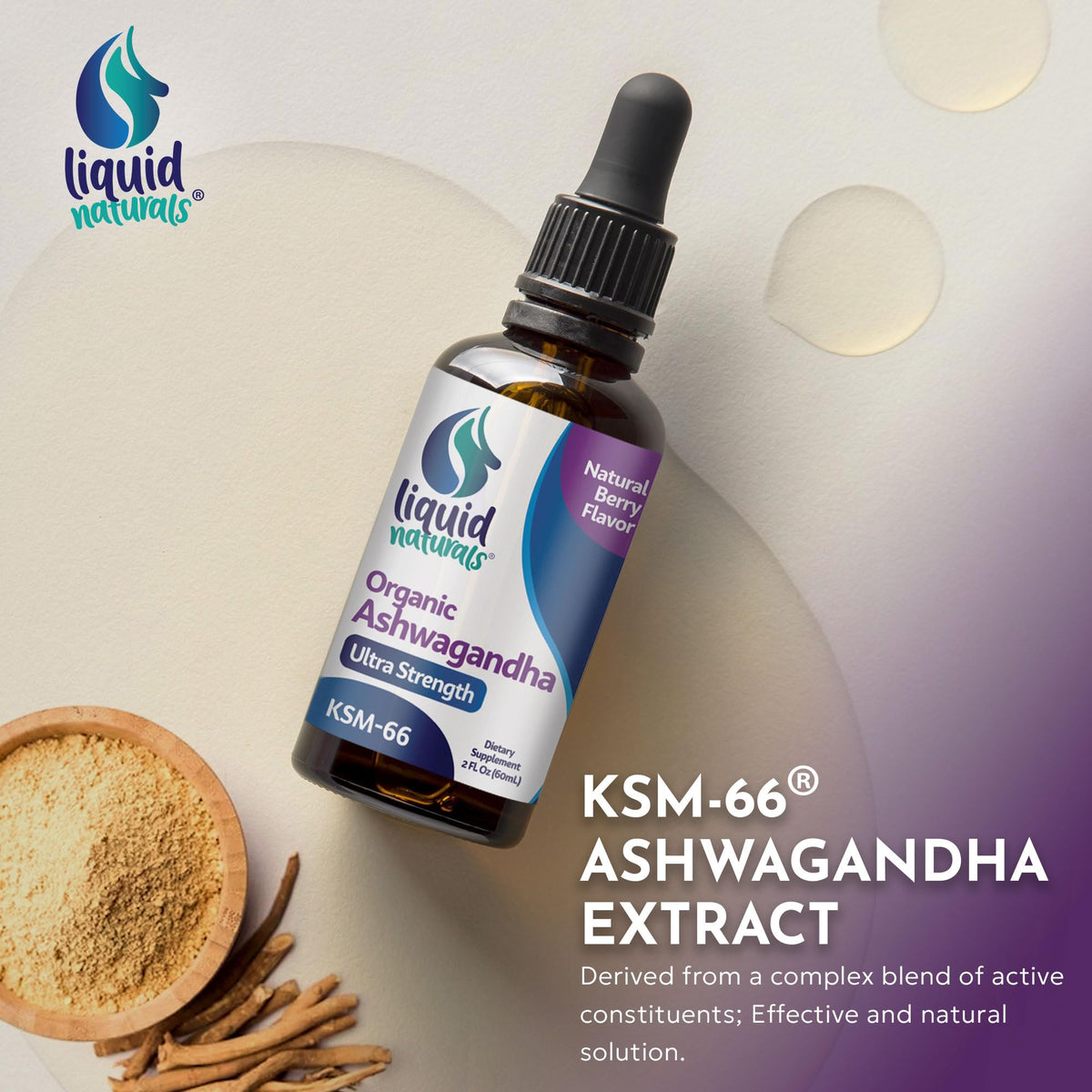 Gouttes d'Ashwagandha KSM-66 avec ingrédients visibles