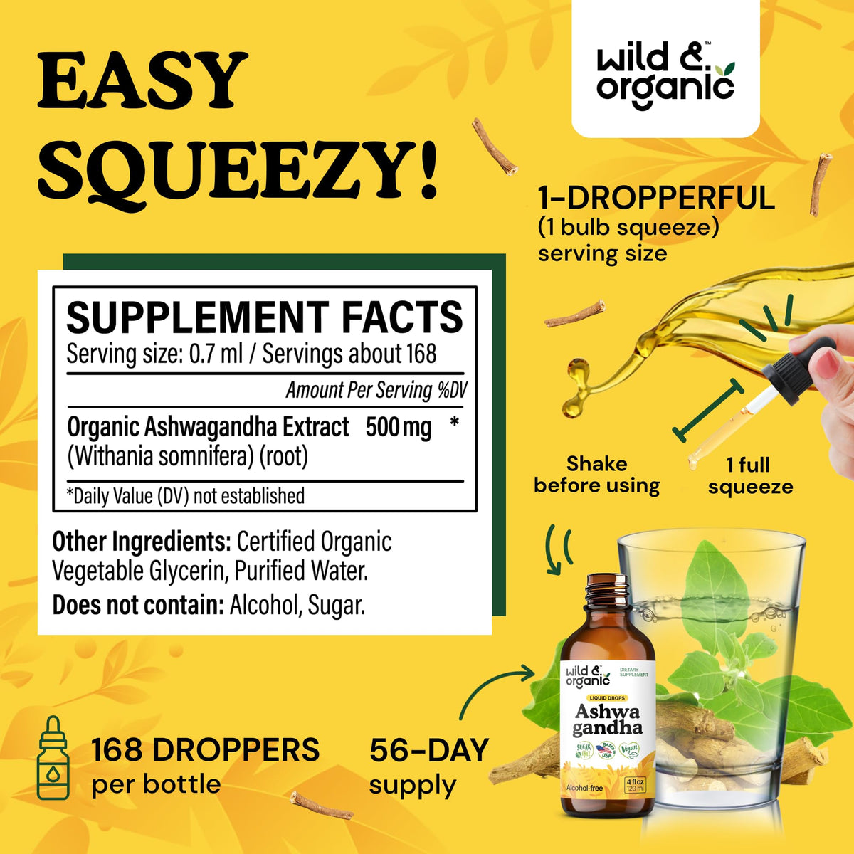Gouttes d'Ashwagandha Wild & Organic 500 mg avec compte-gouttes