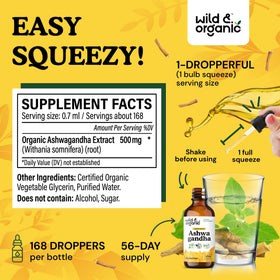 Gouttes d'Ashwagandha Wild & Organic 500 mg avec compte-gouttes