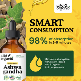 Gouttes d'Ashwagandha Wild & Organic 500 mg sur fond blanc