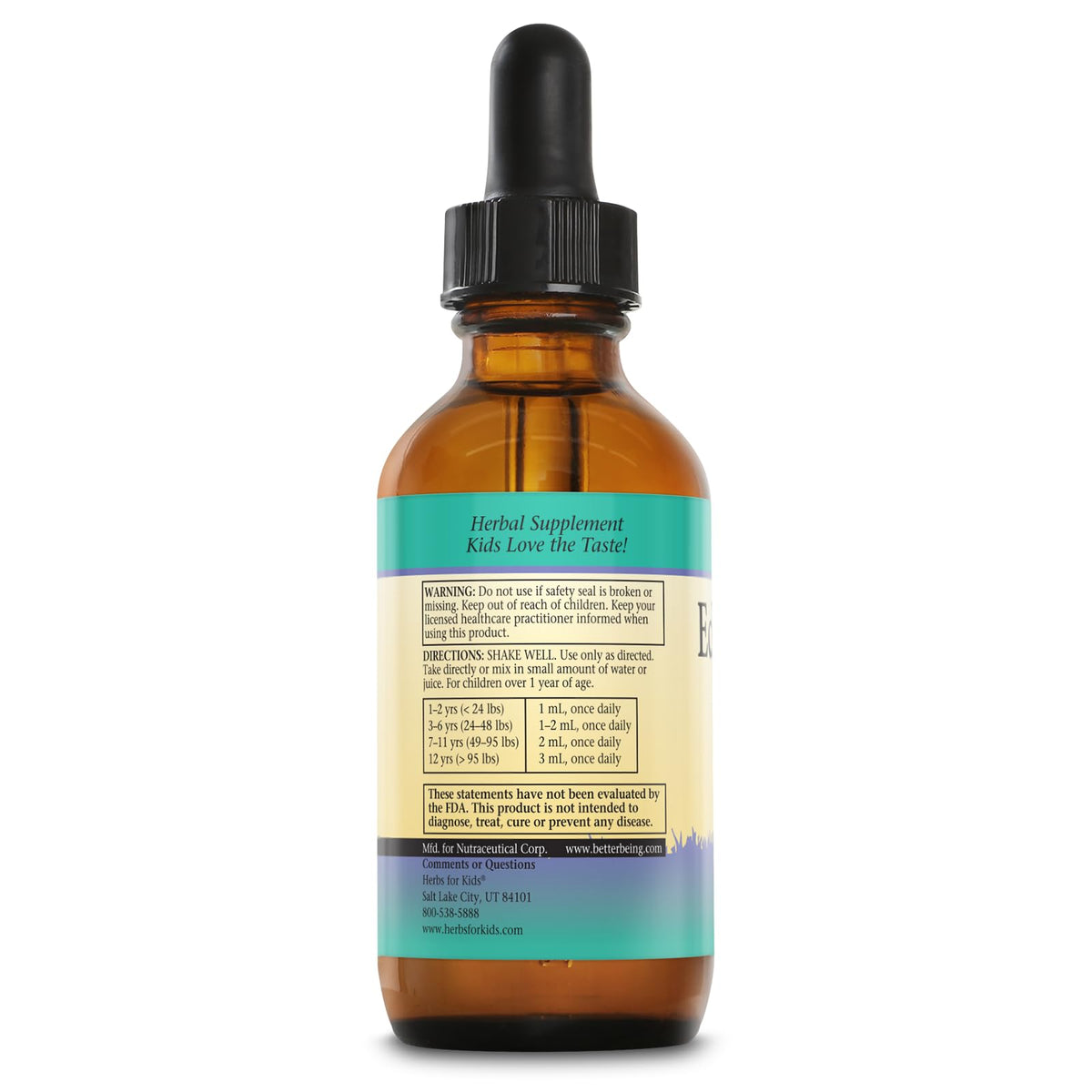 Gouttes d'échinacée et d'astragale Herbs For Kids 4oz avec étiquette détaillant les ingrédients