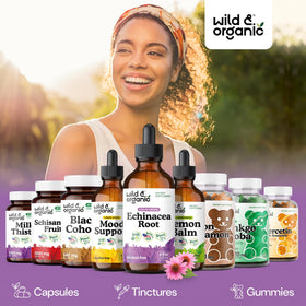 Gouttes d'échinacée Wild & Organic avec ingrédients naturels en arrière-plan