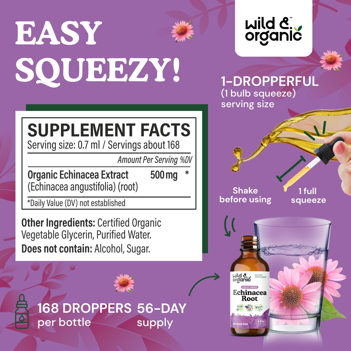 Gouttes d'échinacée Wild & Organic versées dans une cuillère
