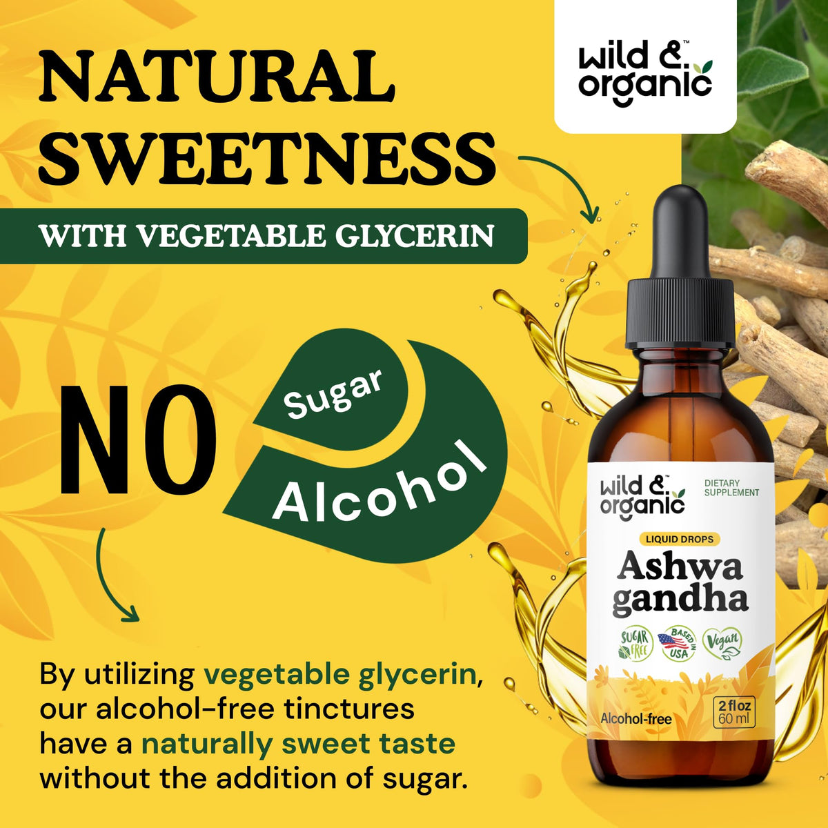 Gouttes d'extrait d'ashwagandha Wild & Organic dans un verre