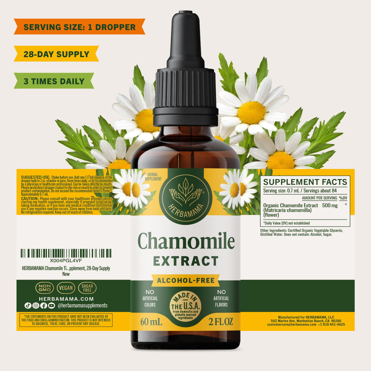 Gouttes d'extrait de camomille HERBAMAMA sur une cuillère
