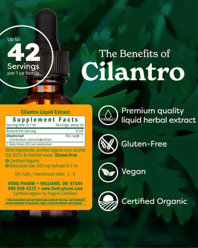Gouttes d'extrait de coriandre bio Herb Pharm dans une cuillère en bois
