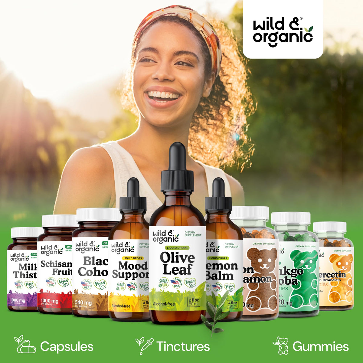 Gouttes d'extrait de feuille d'olivier Wild & Organic dans un verre
