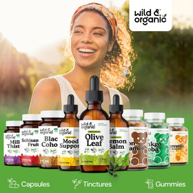 Gouttes d'extrait de feuille d'olivier Wild & Organic dans un verre
