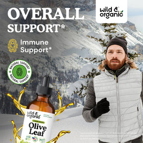 Gouttes d'extrait de feuille d'olivier Wild & Organic dans une cuillère
