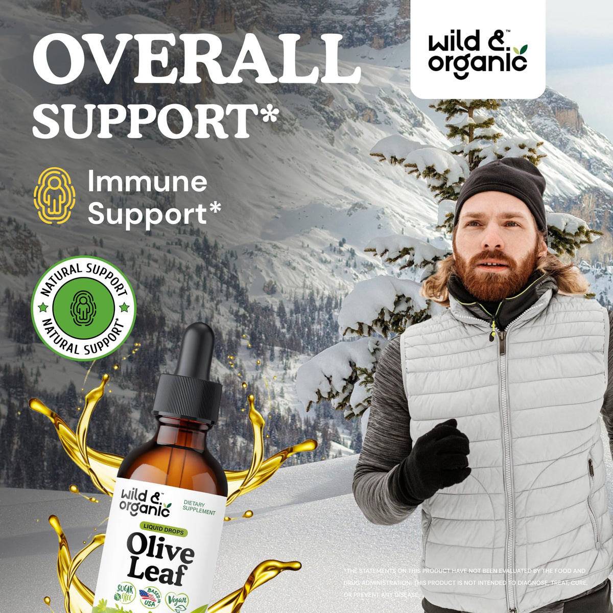 Gouttes d'extrait de feuille d'olivier Wild & Organic sur une cuillère