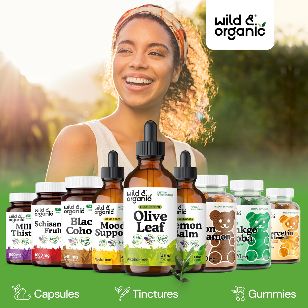 Gouttes d'extrait de feuille d'olivier Wild & Organic sur une table