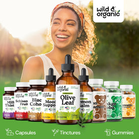 Gouttes d'extrait de feuille d'olivier Wild & Organic sur une table