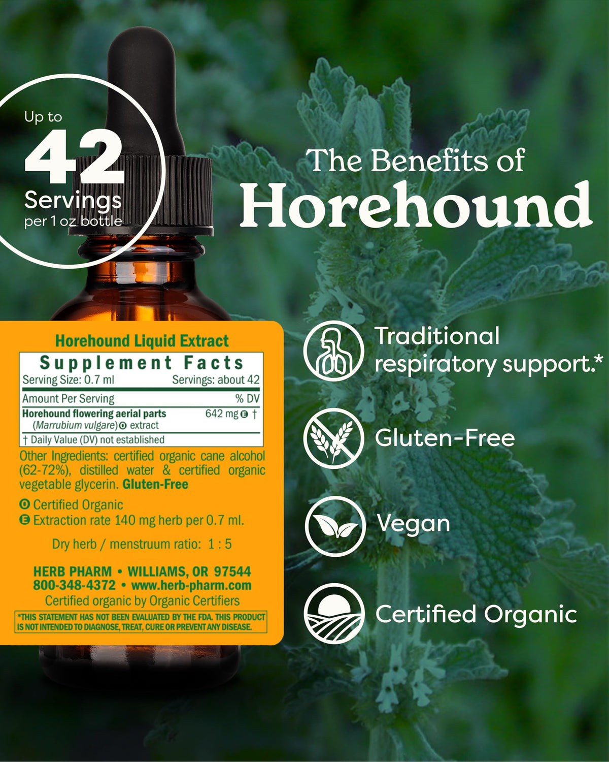 Gouttes d'extrait de Horehound Herb Pharm, flacon avec étiquette