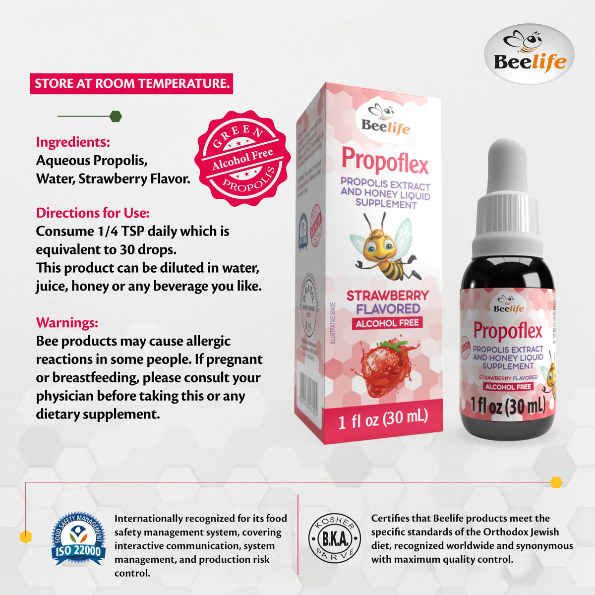 Gouttes d'extrait de propolis verte Beelife dans une cuillère