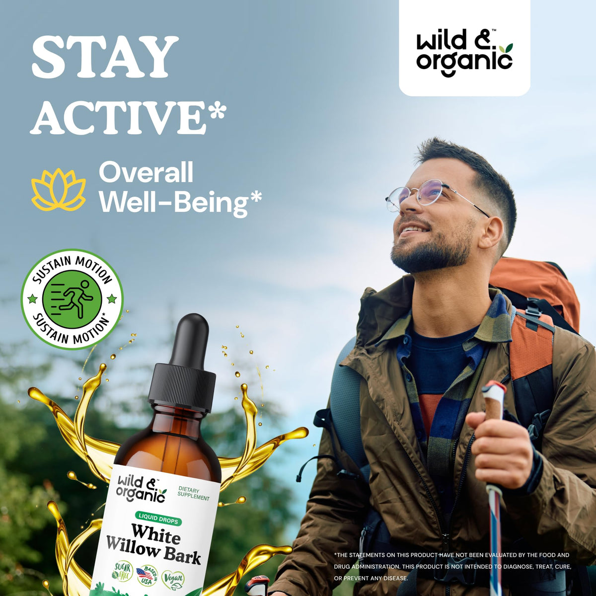 Gouttes d'extrait de saule blanc Wild & Organic sur une table en bois