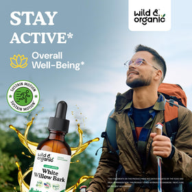 Gouttes d'extrait de saule blanc Wild & Organic sur une table en bois
