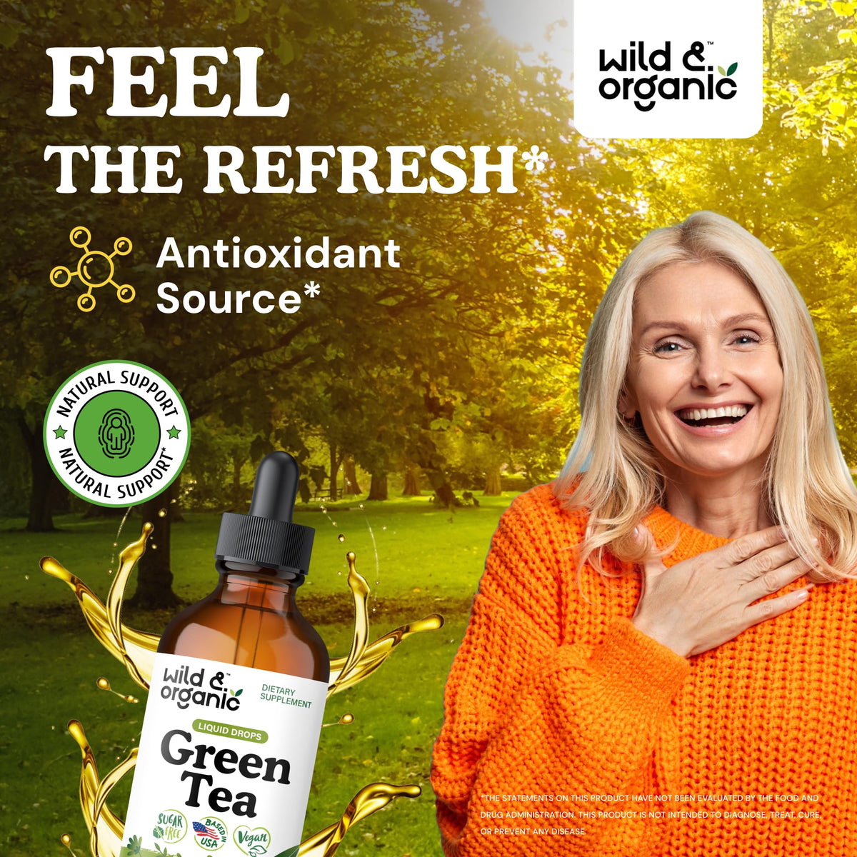 Gouttes d'extrait de thé vert Wild & Organic sur une cuillère