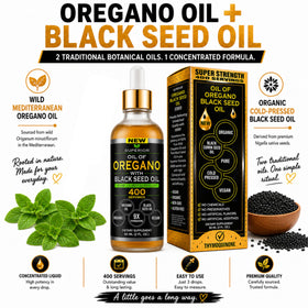 Gouttes d'huile d'origan avec graines noires dans une cuillère