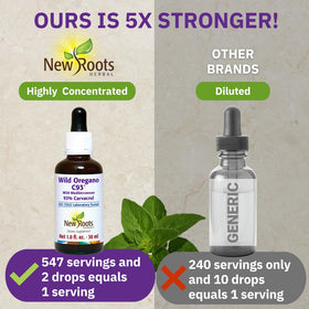 Gouttes d'huile d'origan sauvage C93 de NEW ROOTS HERBAL sur une cuillère