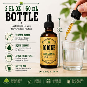 Gouttes d'Iode HERBALICIOUS 60 ml avec ingrédients naturels en arrière-plan