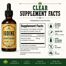 Gouttes d'Iode HERBALICIOUS 60 ml avec vue de l'étiquette et du flacon