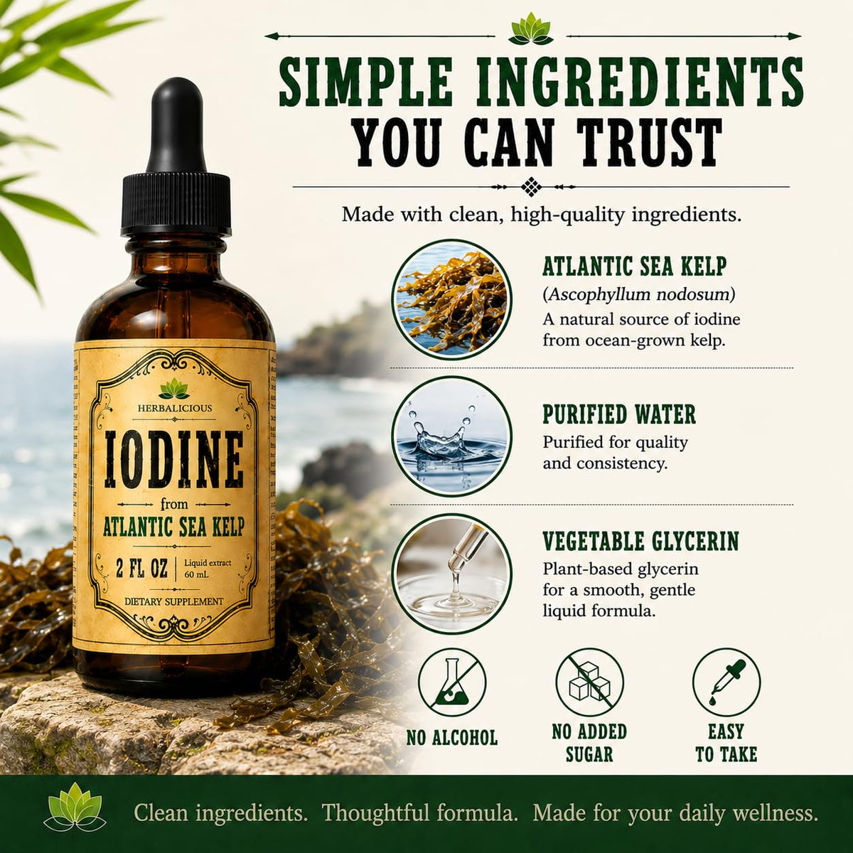 Gouttes d'Iode HERBALICIOUS 60 ml sur une table en bois