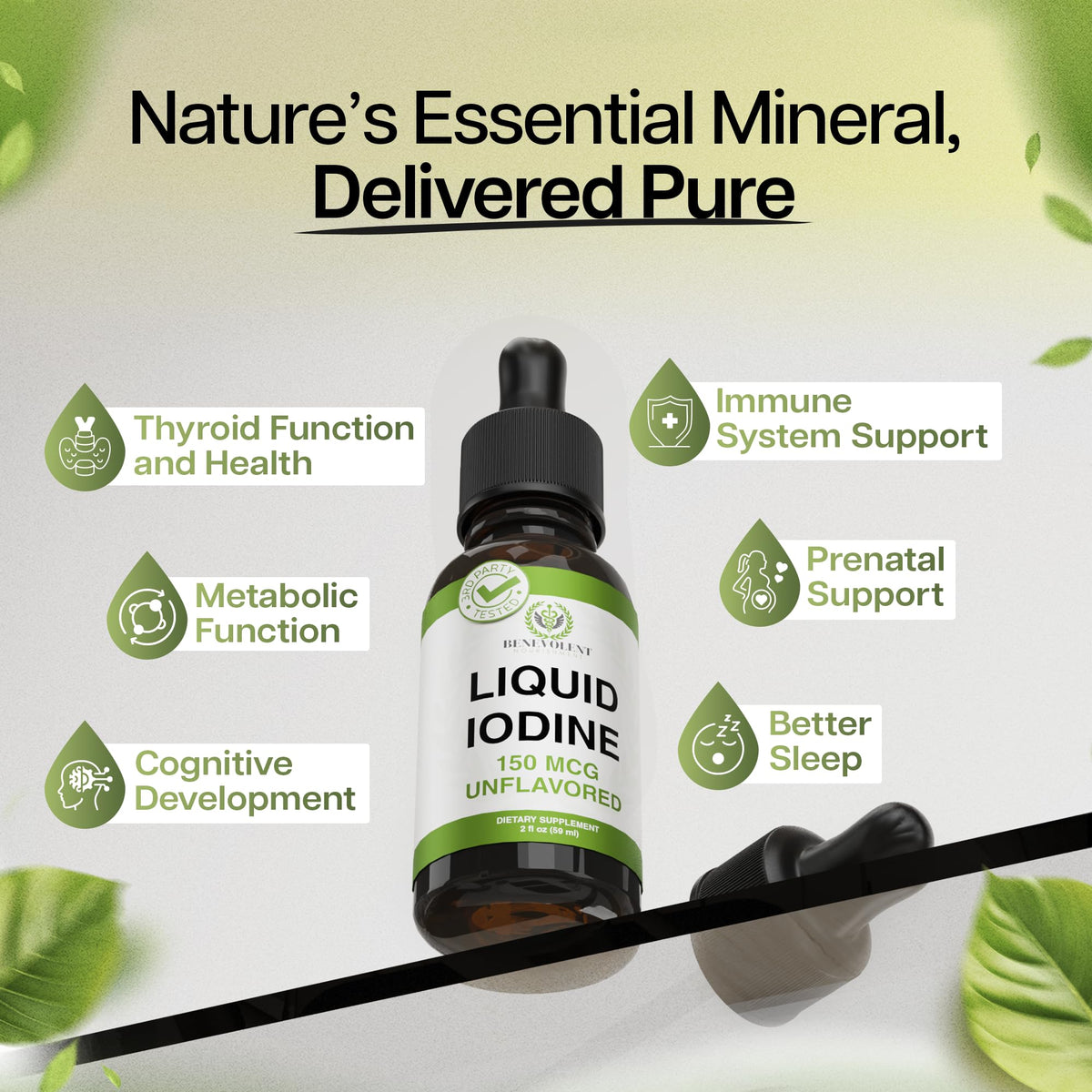 Gouttes d'iode liquide Benevolent Nourishment avec étiquette visible