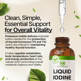 Gouttes d'iode liquide Benevolent Nourishment sur une table en bois