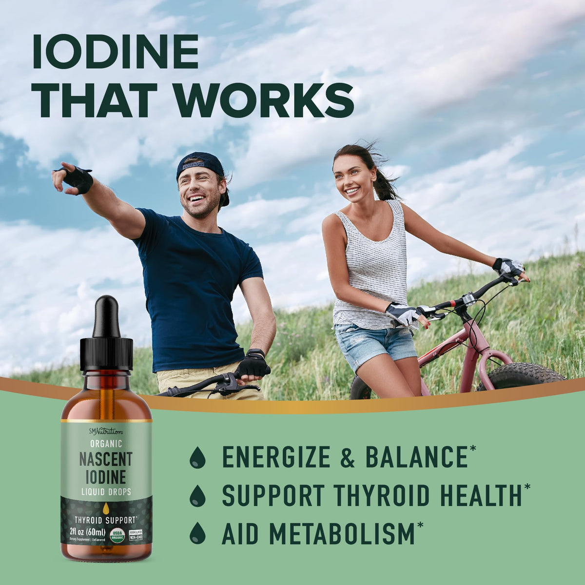 Gouttes d'iode liquide bio SMNutrition dans une cuillère