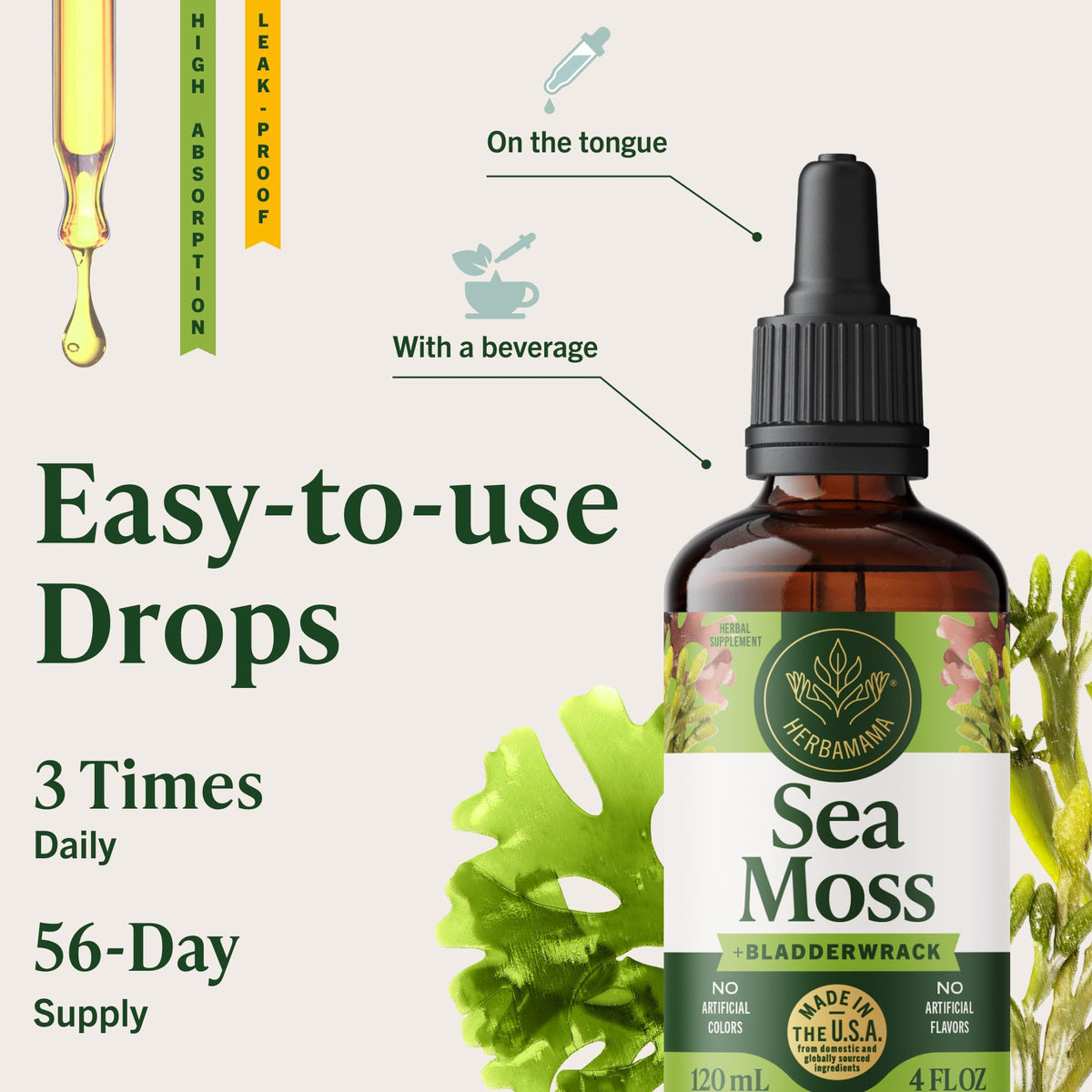 Gouttes d'Irish Sea Moss HERBAMAMA avec ingrédients en arrière-plan