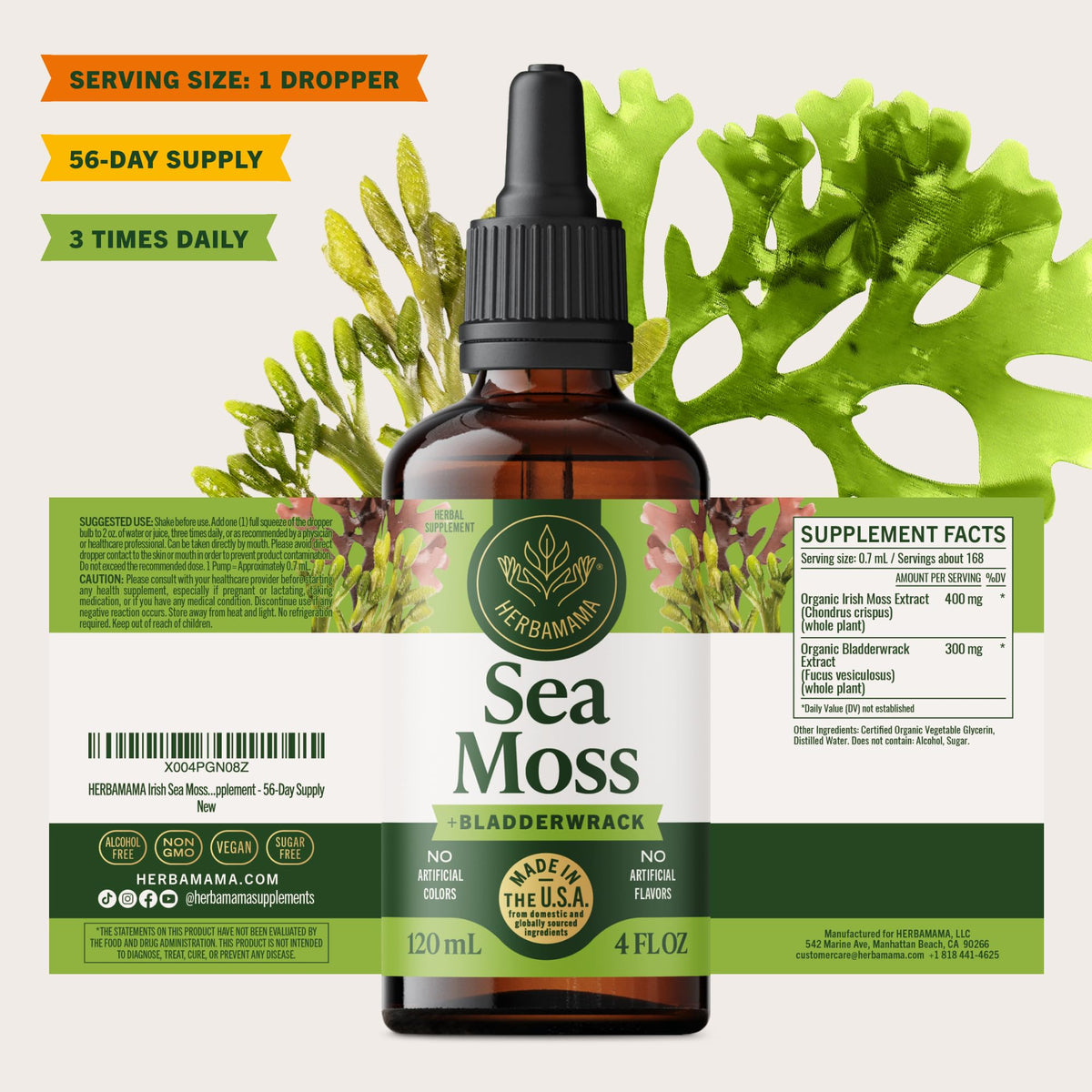 Gouttes d'Irish Sea Moss HERBAMAMA sur une surface en bois