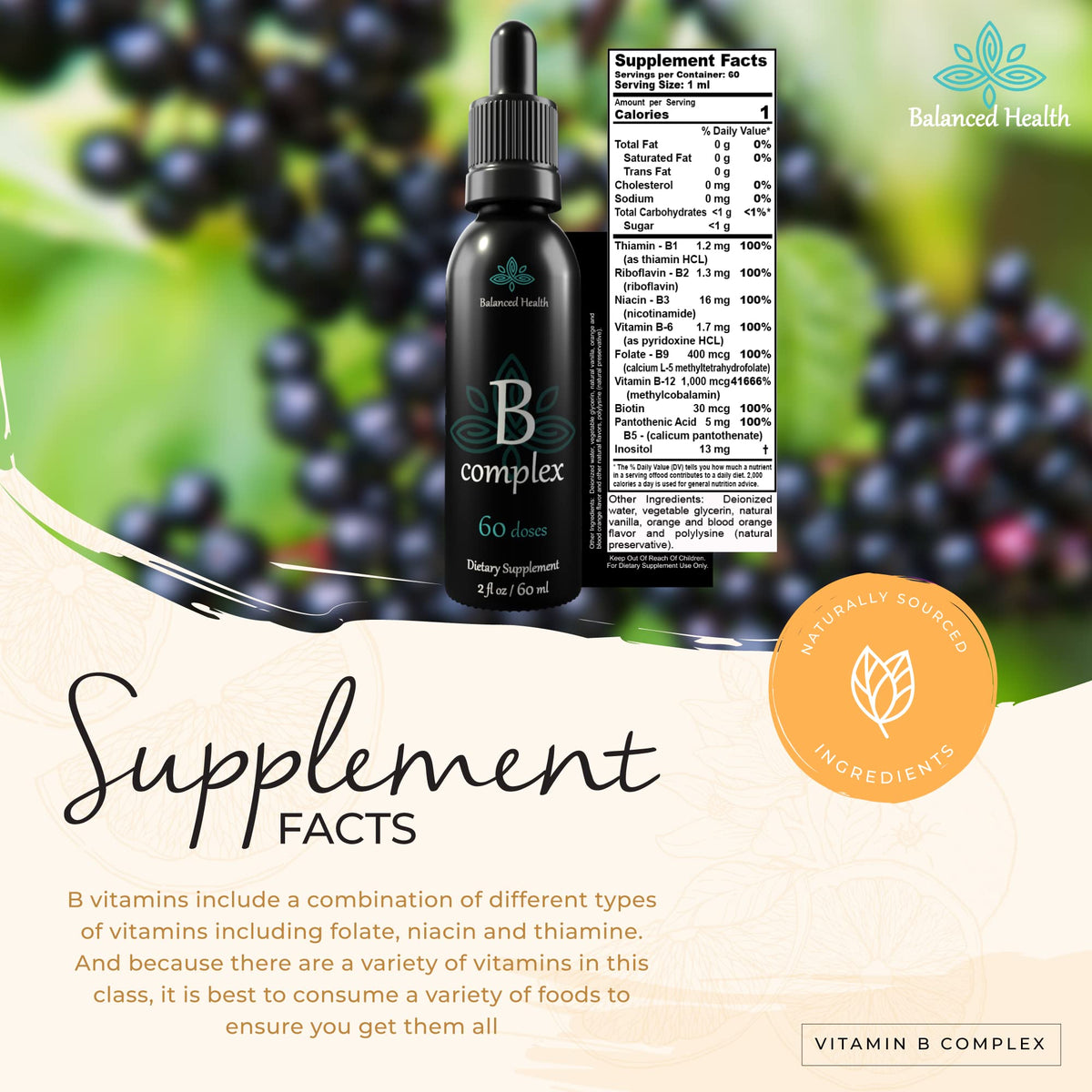 Gouttes de B-Complex Balanced Health ajoutées à une boisson