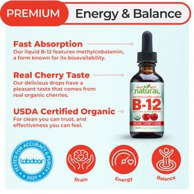 Gouttes de B12 Liquide 5000 mcg de Why Not Natural sur une cuillère