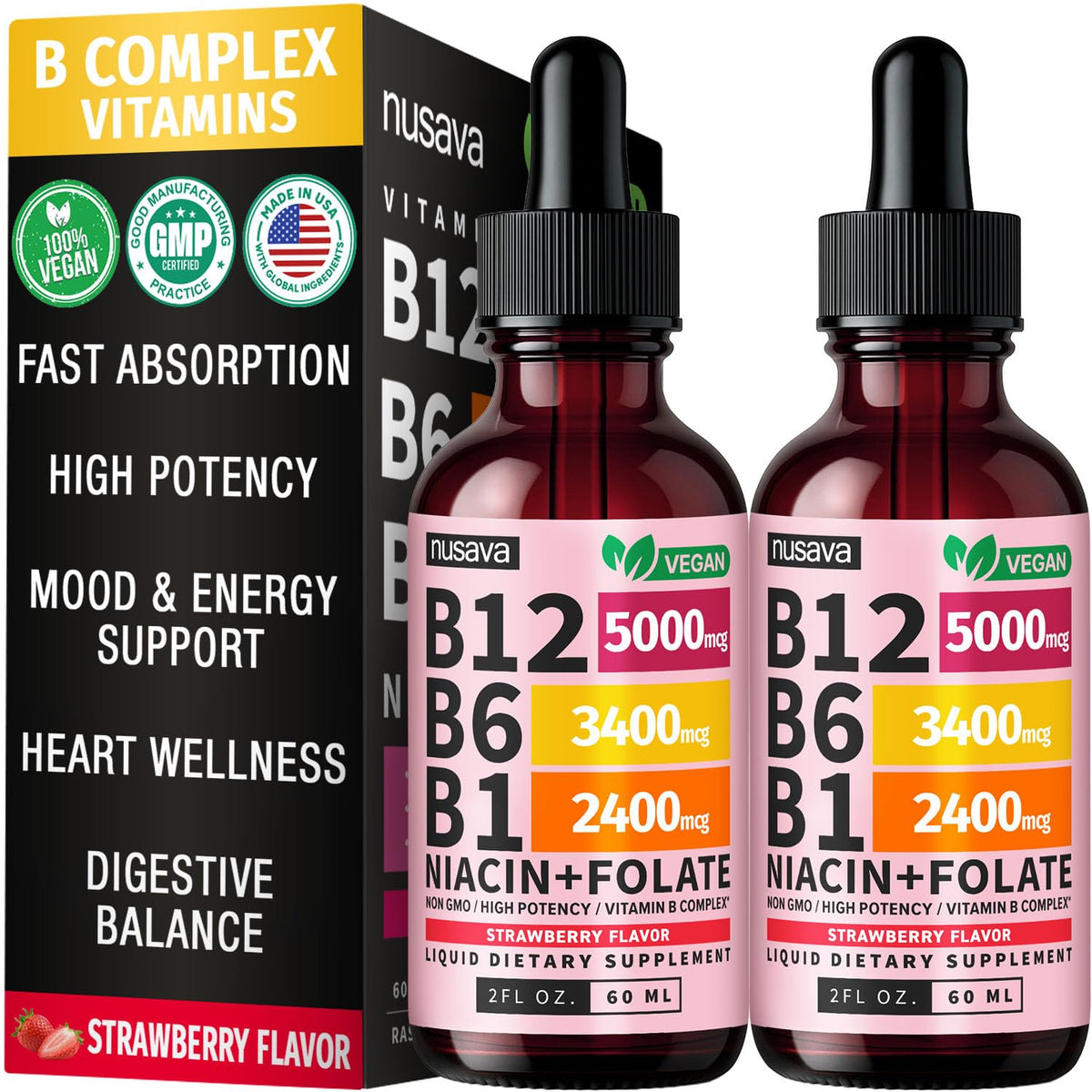 Gouttes de B12 liquide NUSAVA 5000mcg en flacon avec étiquette rose