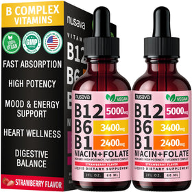 Gouttes de B12 liquide NUSAVA 5000mcg en flacon avec étiquette rose