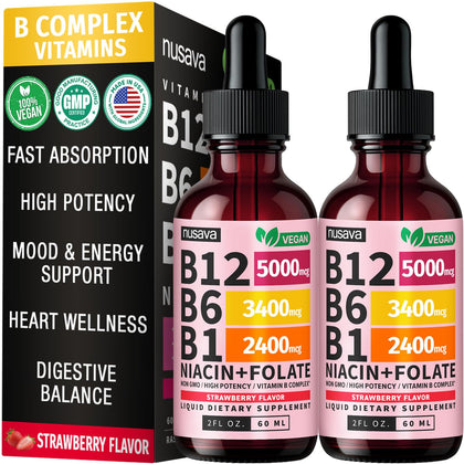 Gouttes de B12 liquide NUSAVA 5000mcg en flacon avec étiquette rose