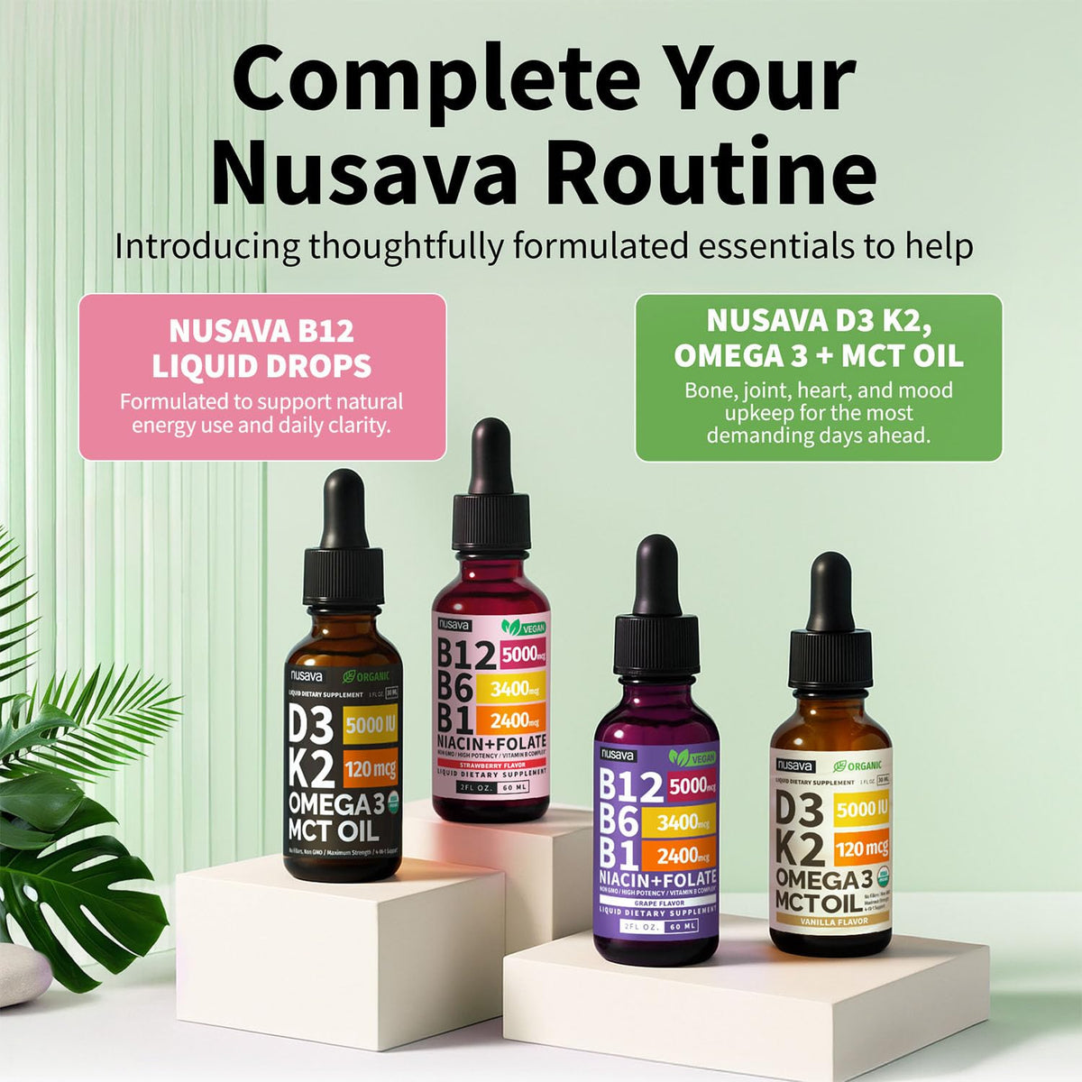 Gouttes de B12 liquide NUSAVA avec fruits frais en arrière-plan