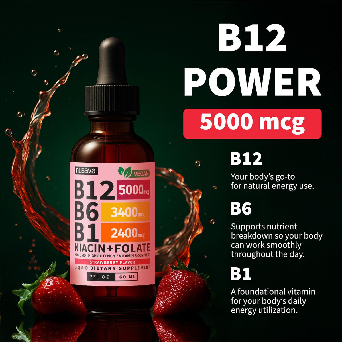 Gouttes de B12 liquide NUSAVA avec ingrédients listés