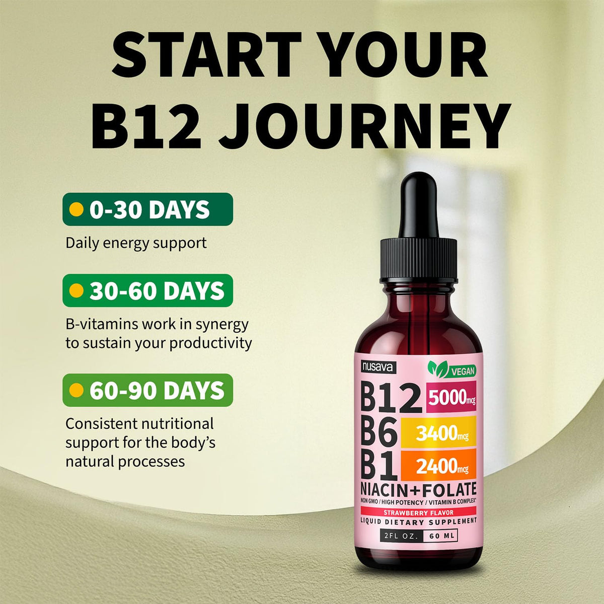 Gouttes de B12 liquide NUSAVA sur fond blanc