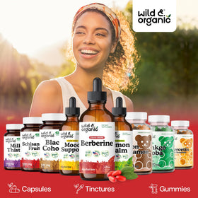 Gouttes de berbérine HCL Wild & Organic avec ingrédients naturels en arrière-plan