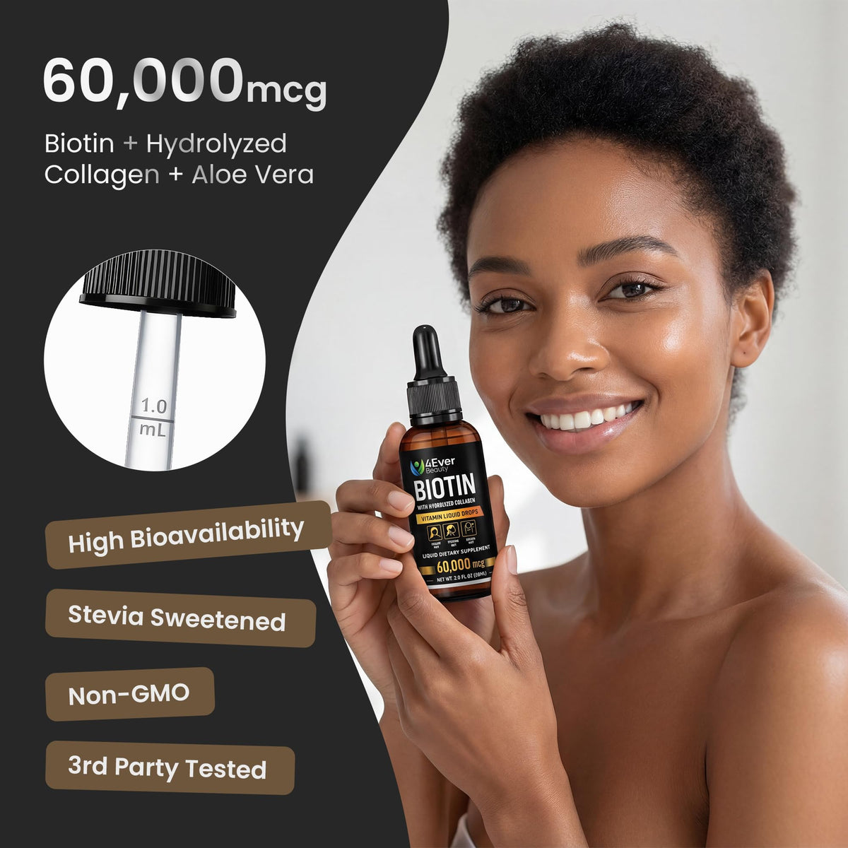 Gouttes de biotine et collagène 4Ever Beauty avec étiquetage clair