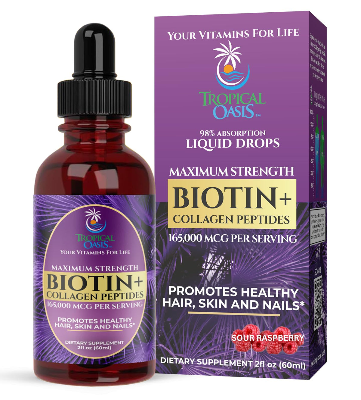 Gouttes de Biotine et Collagène Tropical Oasis bouteille avant avec étiquette