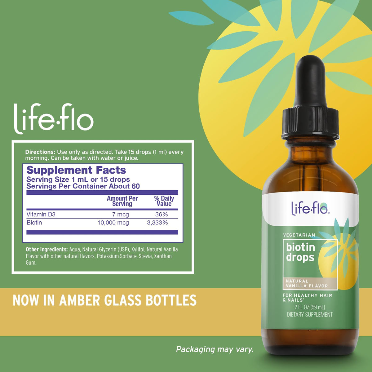 Gouttes de biotine LIFE-FLO avec Vitamine D3 sur une table