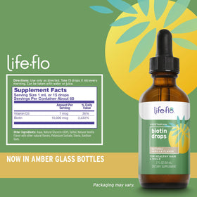 Gouttes de biotine LIFE-FLO avec Vitamine D3 sur une table
