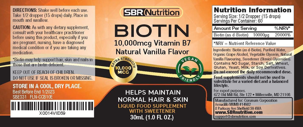 Gouttes de biotine liquide SBR Nutrition avec étiquette et dosage