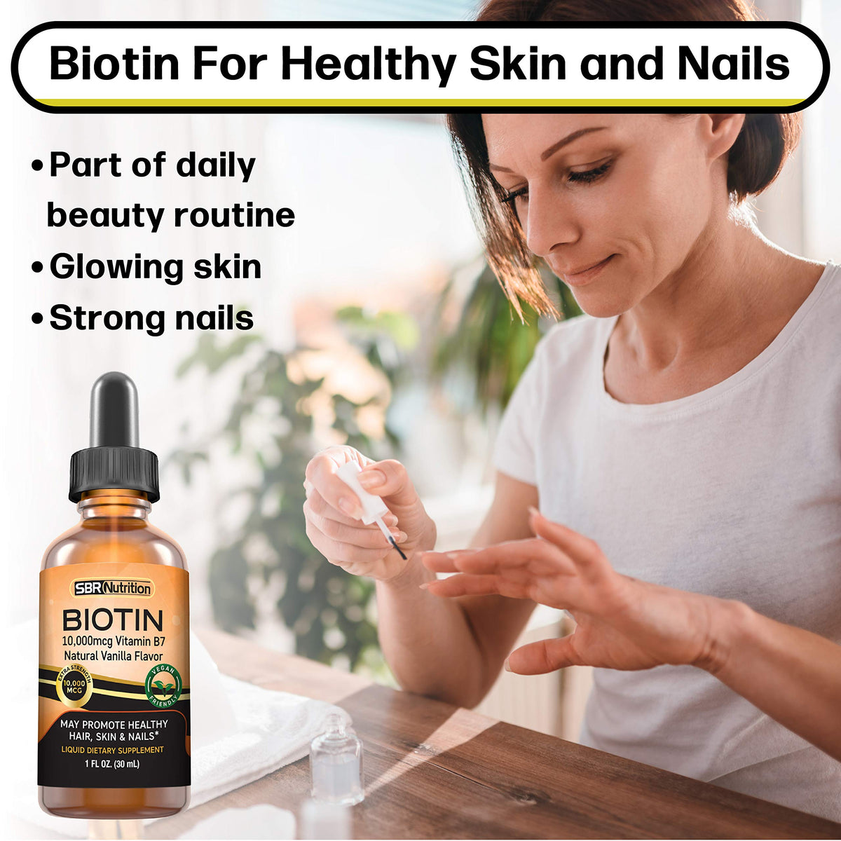 Gouttes de biotine liquide SBR Nutrition dans une cuillère