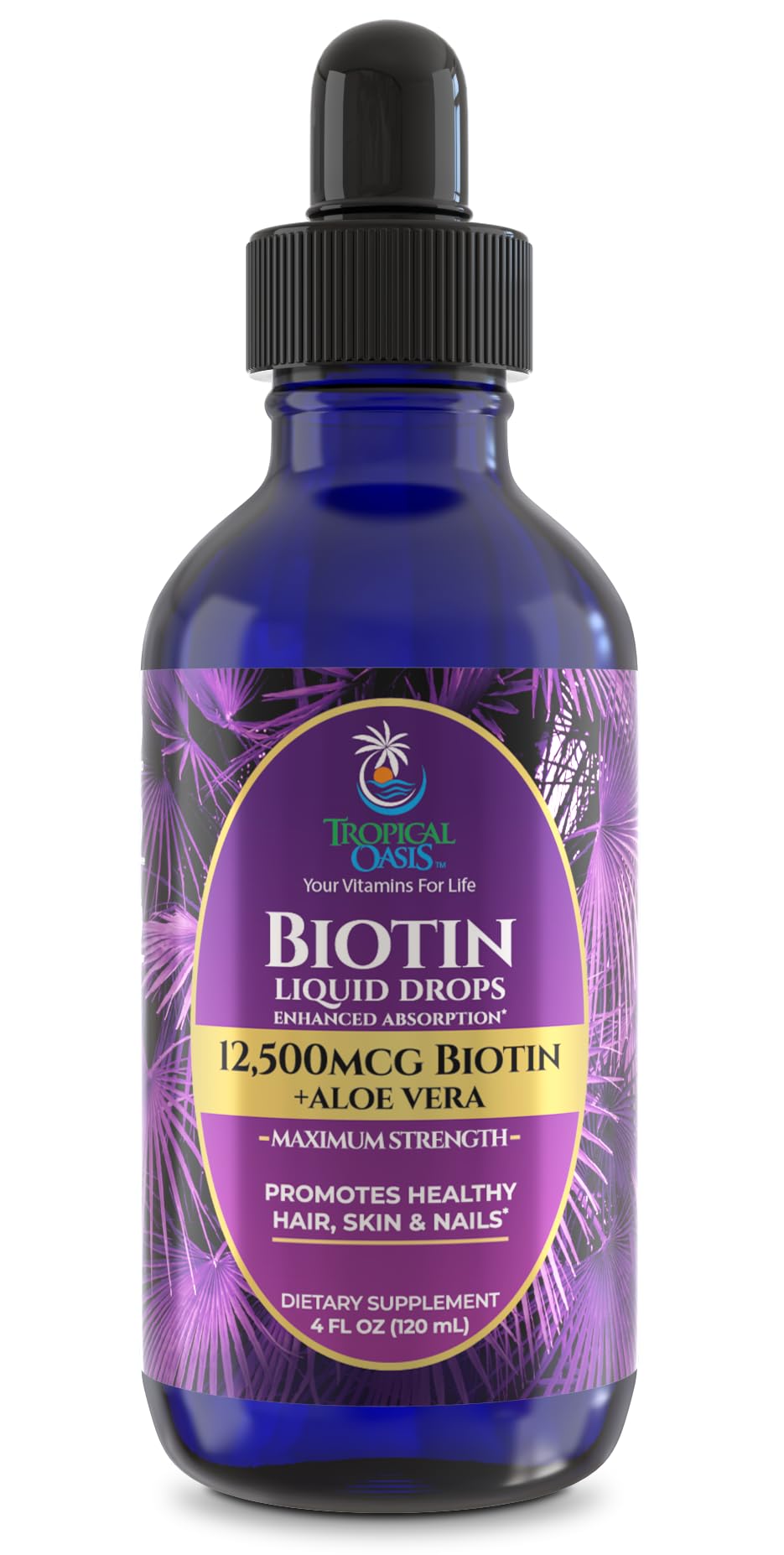 Gouttes de biotine liquide Tropical Oasis 12 500 MCG vue de face