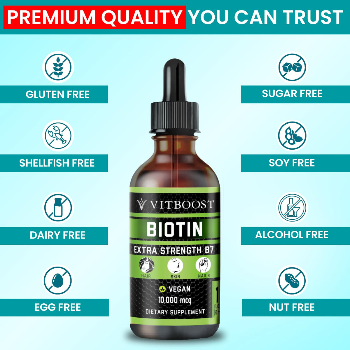 Gouttes de biotine VITBOOST versées dans une cuillère