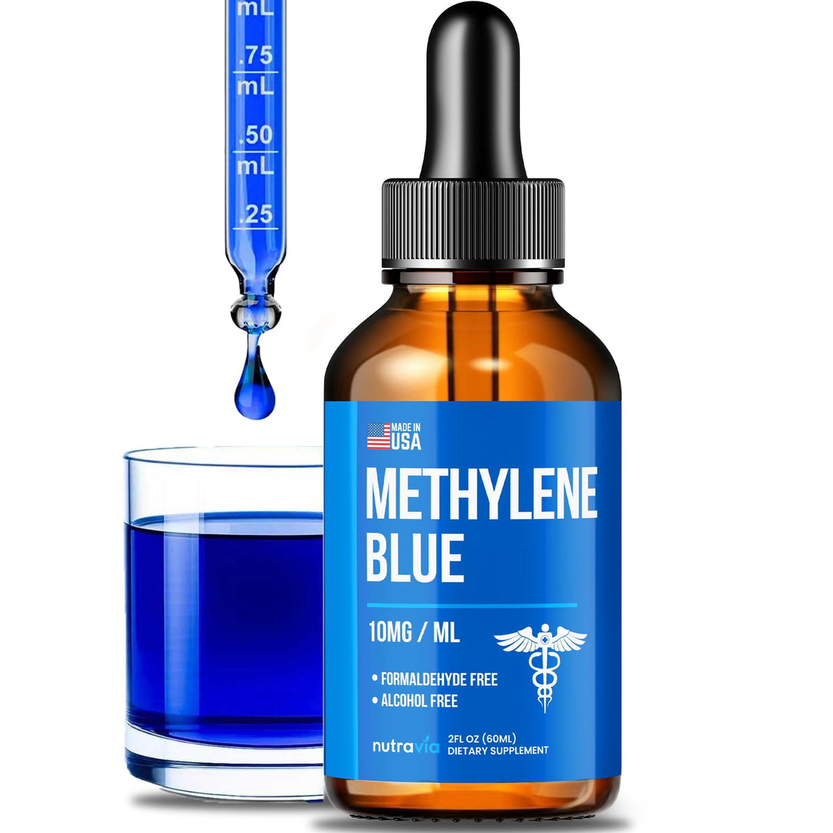 Gouttes de Bleu de Méthylène 1% Nutravia, flacon avant avec étiquette